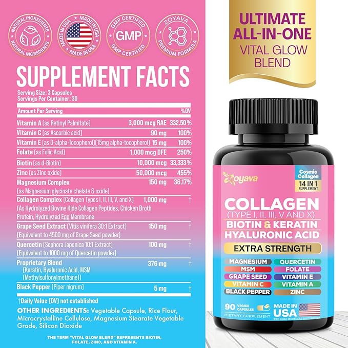 Zoyava Collagen Pills Peptides Types I, (90 Caps)