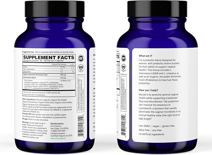 Ora Organic Prebiotics and Probiotics for Women - Lactobacillus for Vaginal and Urinary Tract Health, Contains 16 Billion CFU, 6 Strains - 1 Month Supply, 60 Vegan Probiotic Capsules