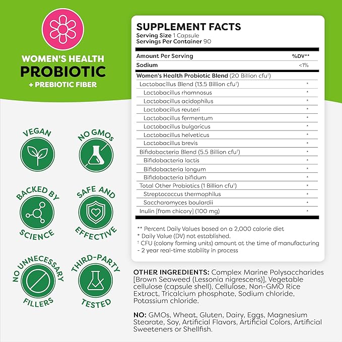 Probulin Women’s Probiotics, Daily Vaginal, Gut and Immune Health Supplement Capsules, 20 Billion CFU, 12 Probiotic Strains, Vegan, 90 Count Bottle