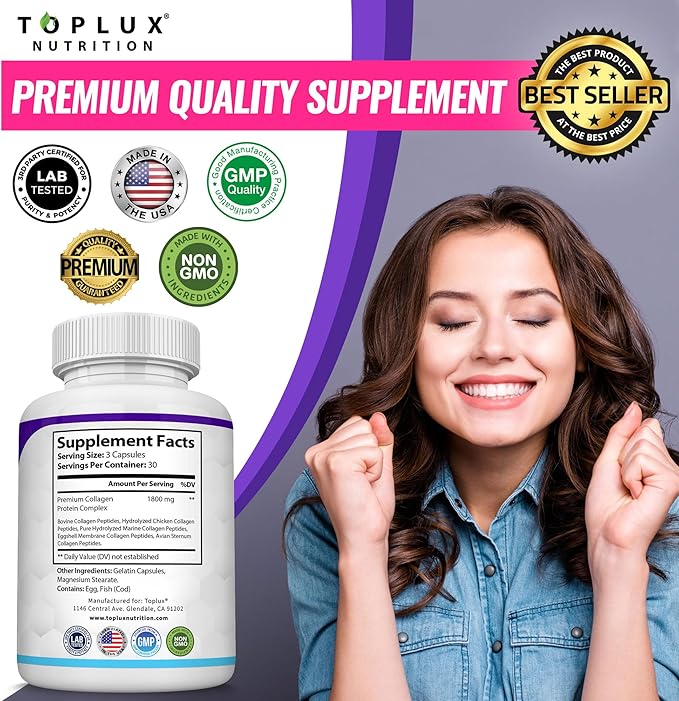 Toplux Multi Collagen Peptides Pills 1800 Mg Complex - Type I, II, III, V, X Premium Collagen Complex for Better Skin & Hair, Strong Joint, Hydrolyzed Protein, for Men Women, 90 Capsules, Supplement