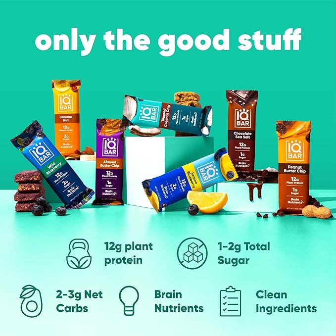 IQBAR Brain and Body Plant Protein Bars - 7 Bar Sampler Pack - Gluten Free, High Fiber, Vegan Snacks - Low Sugar Meal Replacement