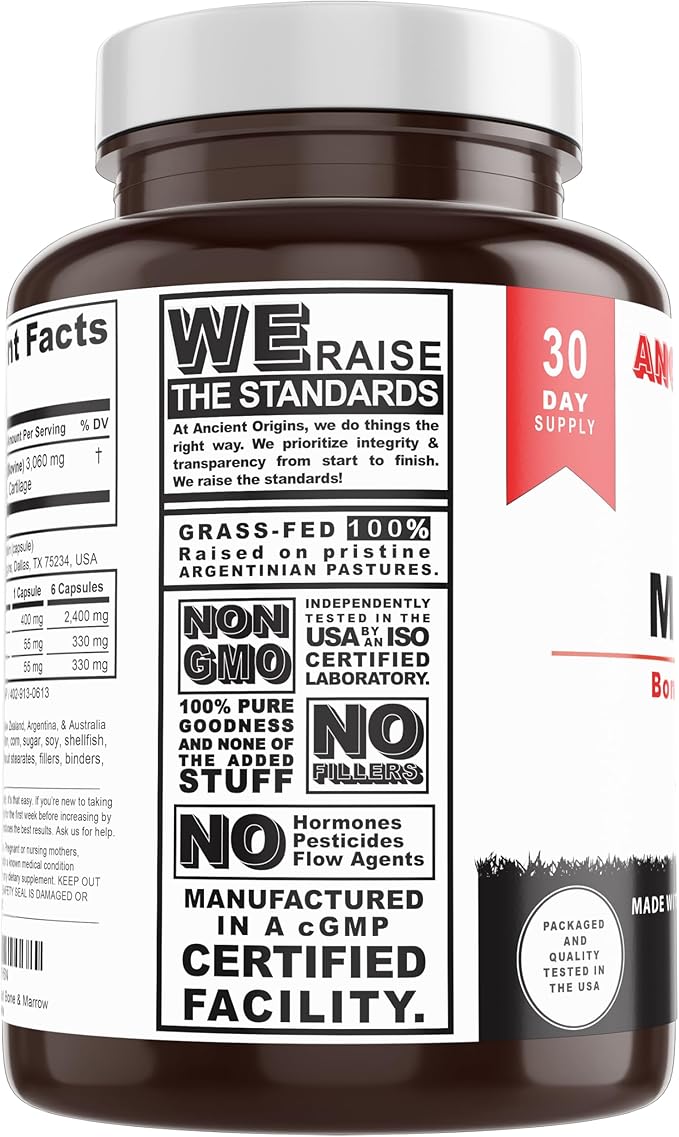 Ancient Origins Grass Fed Bone Marrow Supplement, 3060mg, Skin, Oral Health, and Joint Support Supplement, Promotes Whole-Body Wellness, Non GMO Whole Bone Extract, 180 Capsules