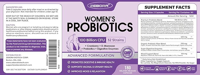 ZEBORA Probiotics for Women Digestive Health with Enzymes & Prebiotics, Vaginal Probiotics with D Mannose & Cranberry, 100 Billion CFUs Probiotic for Gut Health & Urinary Tract Balance, 90 Servings
