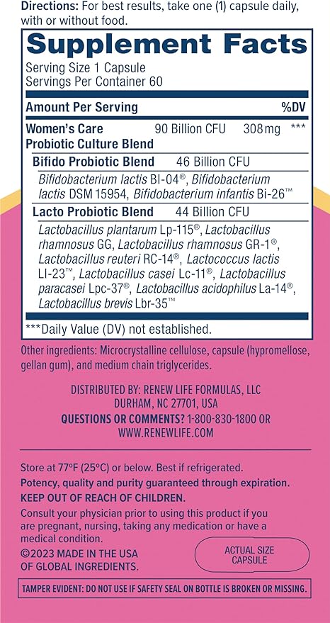 Renew Life Women's Probiotic Capsules, Supports 90 Billion 60 Ct