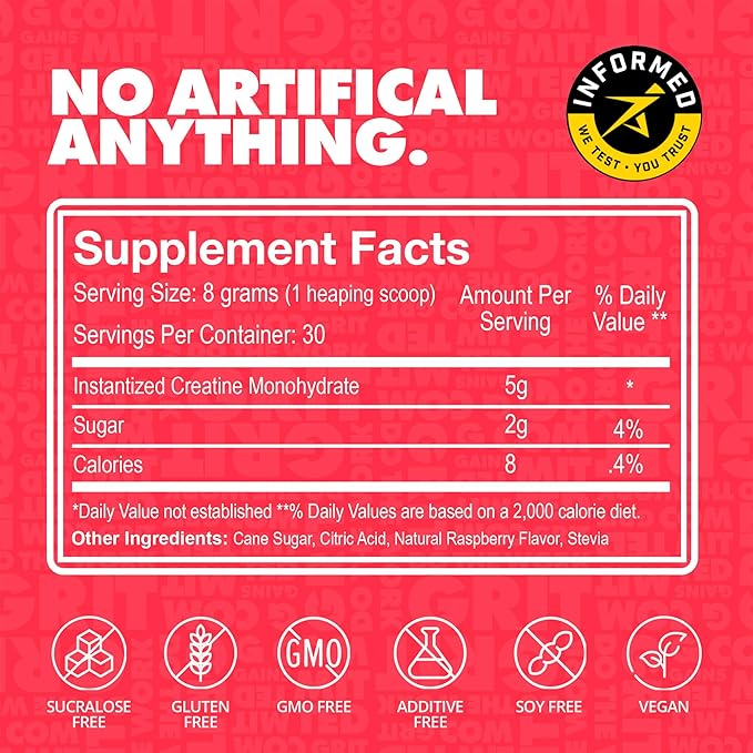 Gains in Bulk Instantized Creatine Monohydrate for Women and Men, Soluble Pre Workout Powder, Supports Muscle Building, Strength and Performance, Bodybuilding Supplements, Sour Raspberry, 30 Servings