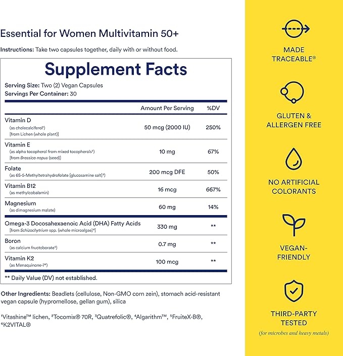 Ritual Multivitamin for Women 50+, Menopause D3, K2 K2 and Omega-3 DHA, B12, Non-GMO, 30 Day 60 Vegan