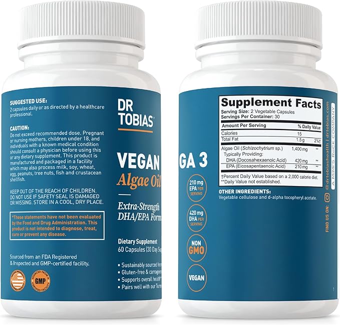 Dr. Tobias Vegan Omega 3 Supplement 1400mg Algae 420mg DHA, 210mg EPA 60 Capsules, 30 Servings