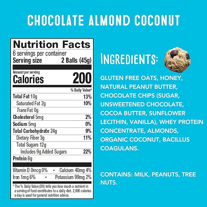 simplyFUEL Whole Food Protein Balls with Probiotics - Chocolate Almond Coconut Snacks - 8g Protein Snack - Gluten Free Energy Balls (1 Pack of 12 Balls)