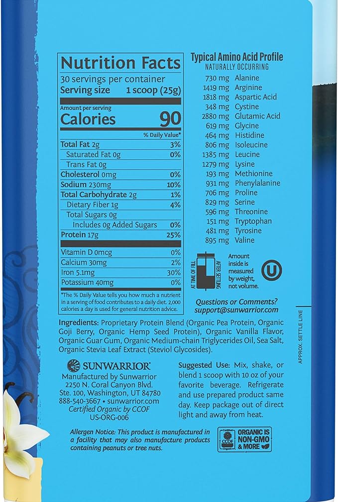 Sunwarrior Vegan Protein Powder Organic Plant-Based Protein 30 Servings