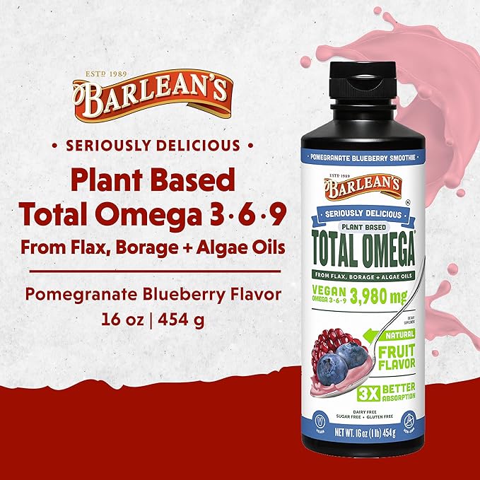 Barlean's Liquid Flaxseed, Borage and Algae Oils Omega 3 Supplement, Pomegranate Blueberry Flavor, Vegan EPA and DHA, Flax and Borage Seed Oil with 3,980 mg of Omega-3-6-9, 16 oz