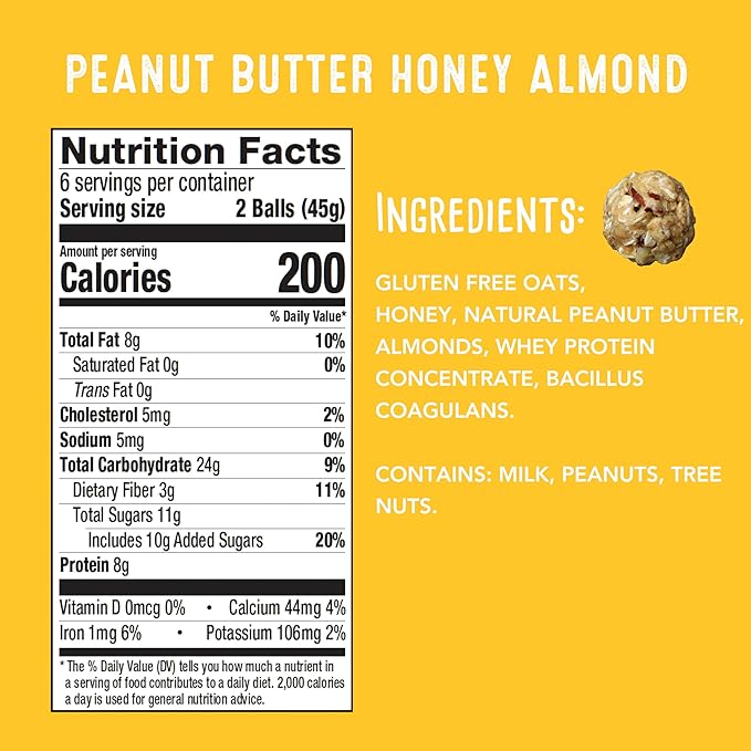 Whole Food Protein Balls with Probiotics - Peanut Butter Honey Almond Snacks - 8g Protein Snack - Gluten Free Energy Balls (1 Pack of 12 Balls)