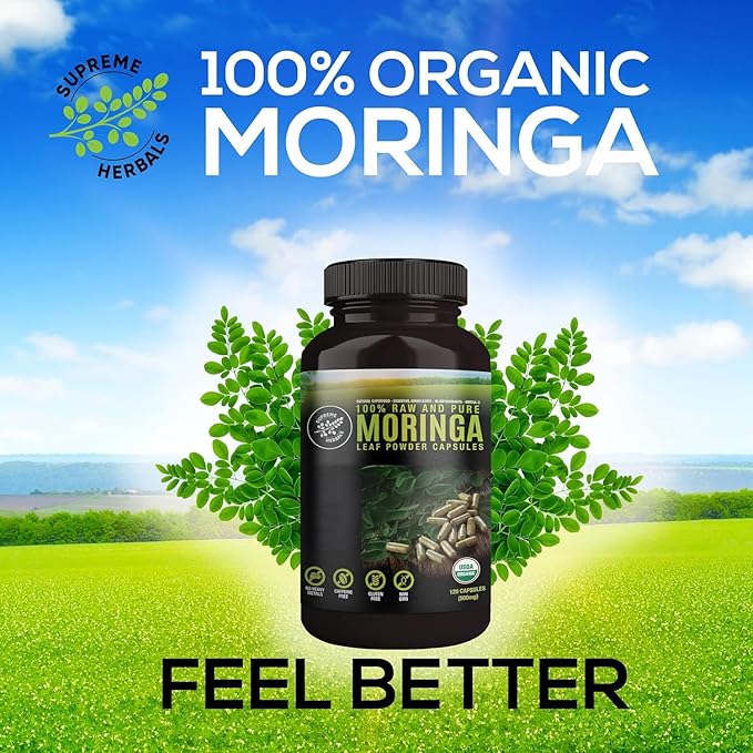 100% Raw and Pure Moringa Leaf Powder Capsules. Organic Certified Moringa Leaf. Natural Superfood with Essential Amino Acids, Antioxidants and Omega 3, 500mg, 120 Capsules.