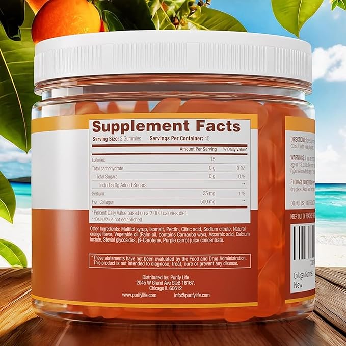 Sugar-Free Marine Collagen Gummies (90 Collagen Chews) Potent 500mg Collagen Gummy for Hair Growth, Healthier Skin & Nails, Pore Reducer & Elasticity Hydrolyzed, Gluten Free, Non-GMO, Orange Flavor