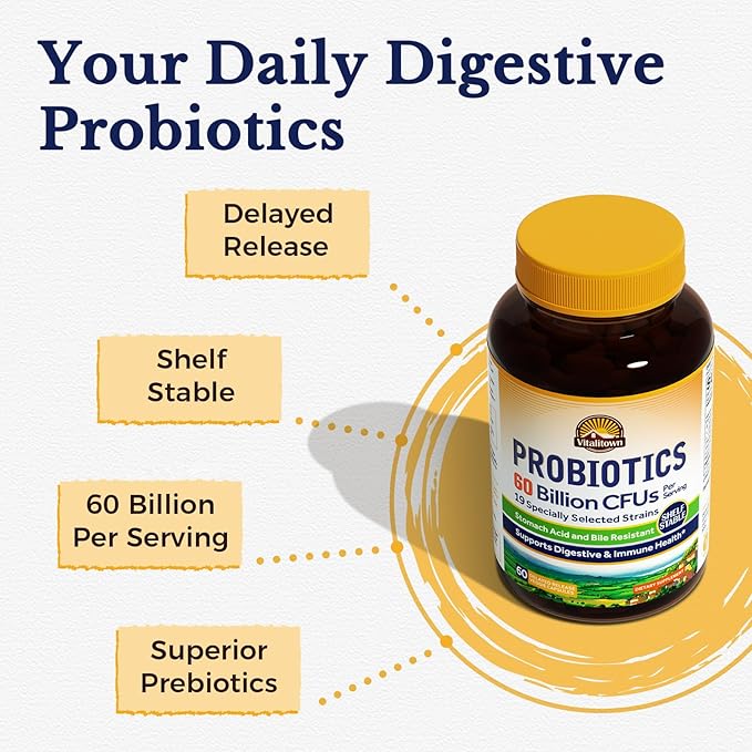 Vitalitown Probiotics + Prebiotics | 60 Billion CFUs 19 Strains | 60 Delayed Release Veg Caps | Shelf Stable, Prebiotics and Probiotics | Digestive Health, Immune Health | Vegan, Non-GMO, No Dairy