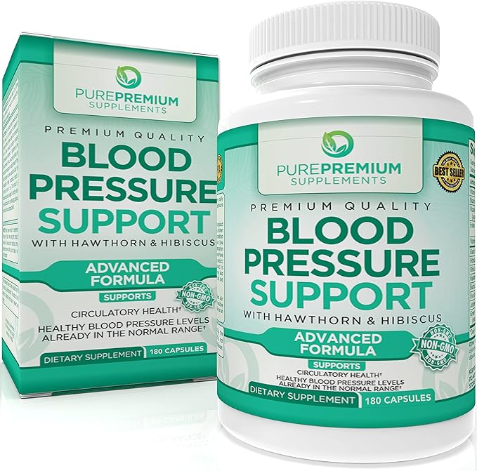 PurePremium Blood Pressure Support with Hawthorn Berry, Hibiscus - Nitric Oxide with Vitamin B6 - Garlic Supplements for Normal Nitric Oxide Supplement - 180 Caps