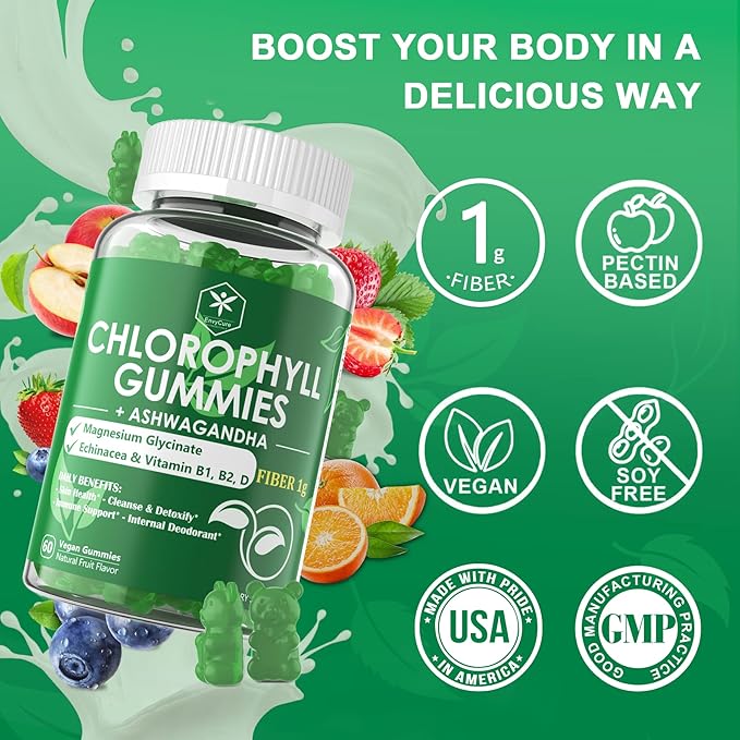 Chlorophyll Fiber Gummies 200mg +Ashwagandha, B1 B2 B2 for 2 Packs