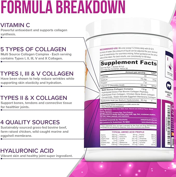 Multi Collagen Peptides Powder for Women and Men - Instant Dissolving Grass Fed Hydrolyzed Collagen Powder Drink Mix for Beautiful Hair Skin and Nails with Hyaluronic Acid and Vitamin C