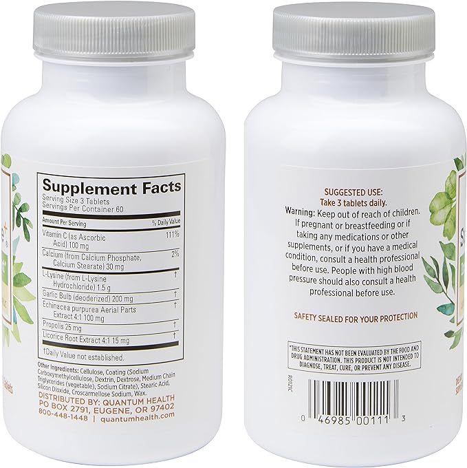 Quantum Health Super Lysine+ / Advanced Formula Lysine+ Immune Support with Vitamin C, Echinacea, Licorice, Propolis, Odorless Garlic (180 Tablets), Packaging may vary