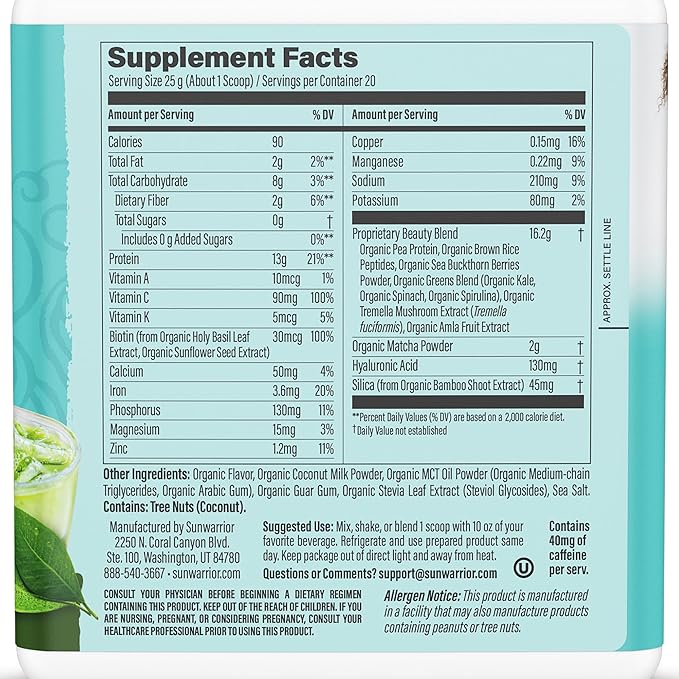 Sunwarrior Vegan Matcha Collagen Building Powder 20 Servings
