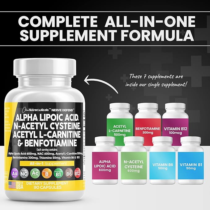 Alpha Lipoic Acid 600mg N-Acetyl Cysteine 600mg Acetyl 500mg Benfotiamine 300mg - B1, B6 B6 & B12 - 90 Caps