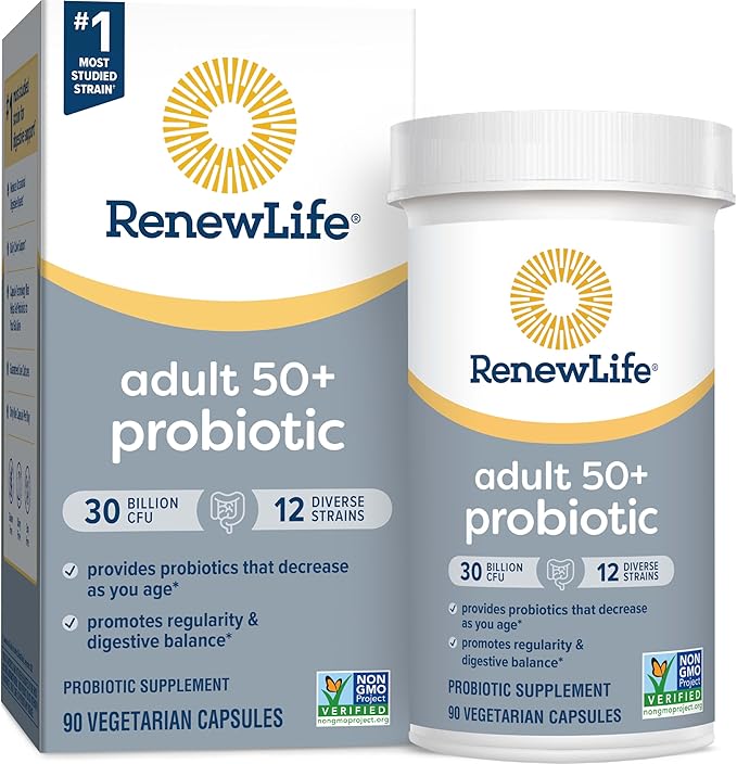 Renew Life Probiotic Adult 50 Plus Probiotic Capsules, Daily Supplement Supports Urinary, Digestive and Immune Health, L. Rhamnosus GG, Dairy, Soy and gluten-free, 30 Billion CFU, 90 Count