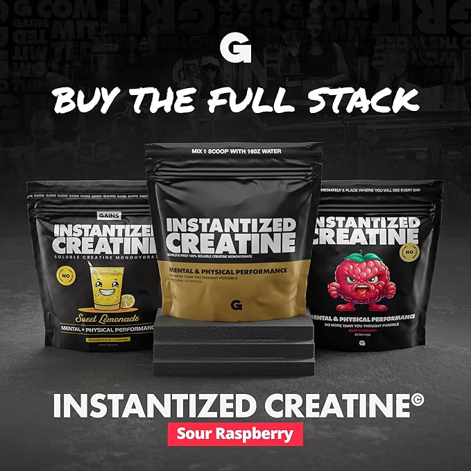 Gains in Bulk Instantized Creatine Monohydrate for Women and Men, Soluble Pre Workout Powder, Supports Muscle Building, Strength and Performance, Bodybuilding Supplements, Sour Raspberry, 30 Servings