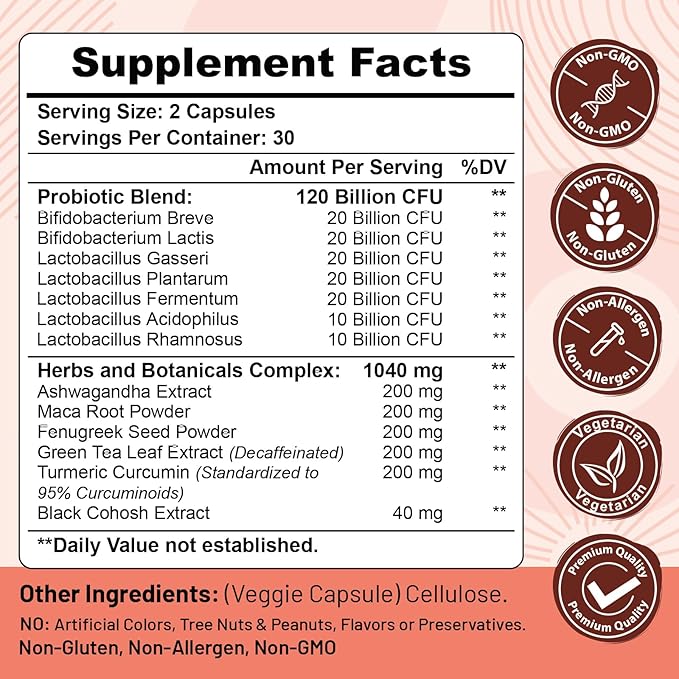 Menopause supplements for women, 120 Billion CFU Probiotic, 13-in-1 Herbs & Botanicals Complex, for Hormone Menopause, Hot Flashes, Night Sweats, Mood Swings, Sleep Disturbances, Vegan, 60 Capsules