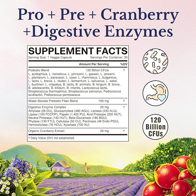 Vitalitown Probiotics for Women 120 Billion CFUs, 30 Strains, with Prebiotics & Digestive Enzymes & Cranberry, Gut & Vaginal Health, Vegan 30 Delayed Release Caps