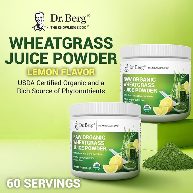 Dr. Berg USDA Certified Organic Green Powder Superfood (60 Servings) - Made with Raw Wheatgrass Powder, Chlorophyll, Trace Minerals & Natural Enzymes - Non-GMO Green Superfood Powder - Lemon Flavor