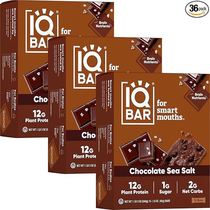 IQBAR Brain and Body Plant Protein Bars - Chocolate Sea Salt - 36-Count Low Carb - Gluten Free, High Fiber, Vegan Snacks - Low Sugar Meal Replacement