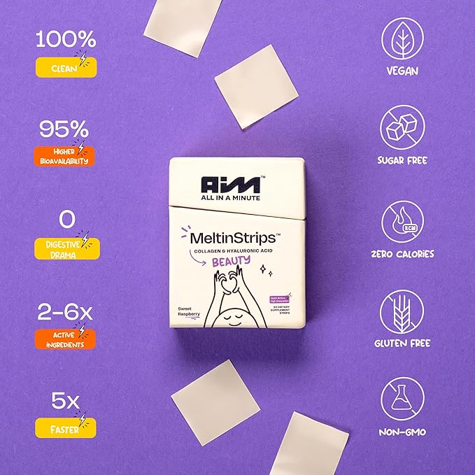 Beauty Oral Strips with Collagen, Hyaluronic Acid, Resveratrol, 3-in-1 Oral Dissolving Strips for Skin Hydration & Health Faster Absorption Sugar Free Vegan Dietary Supplement - 30 Strips