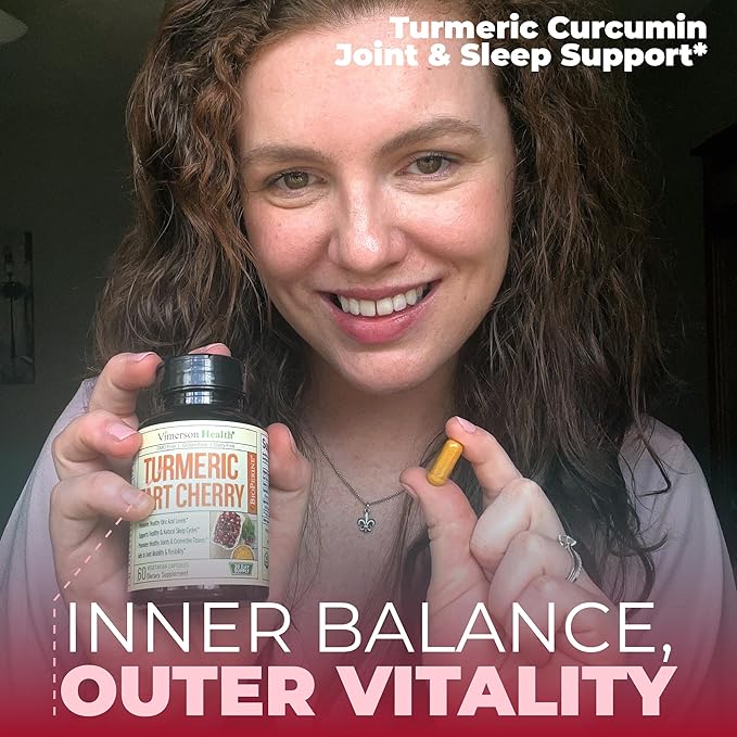 Turmeric Supplement with 10:1 Tart Cherry Extract, Turmeric Curcumin with Black Pepper & Organic Tumeric. 600mg Tart Cherry Capsules. Aids Uric Acid Balance, Joint, Muscle, Sleep Support. 60 Capsules