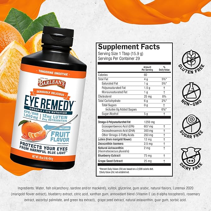 Barlean's Eye Remedy Supplement, Tangerine Flavored Zeaxanthin,1,000mg Omega 3 EPA 16 oz