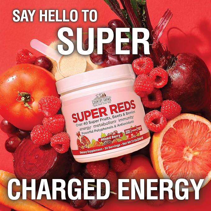 COUNTRY FARMS Essential Pack, Super Greens Powder and Super Reds, Packed with 50 Organic Super Foods and 40 Super Fruits, Natural Energy, Bloating Support, Unflavored & Berry Flavor, 17.7 oz, 2 Pack