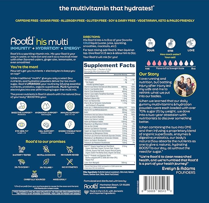 Root'd Multivitamin Powder for Men - 24 Vitamins & Minerals with 3X Electrolytes, 9 Organic Superfoods, Probiotics & Enzymes, Sugar-Free Multivitamin & Hydration | 30 Vitamin Drink Mix Packets