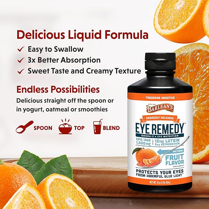 Barlean's Eye Remedy Supplement, Tangerine Flavored Zeaxanthin,1,000mg Omega 3 EPA 16 oz