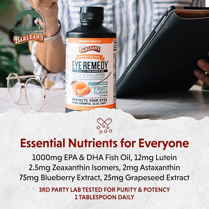 Barlean's Eye Remedy Supplement, Tangerine Flavored Zeaxanthin,1,000mg Omega 3 EPA 16 oz