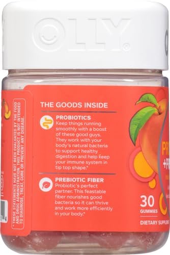 OLLY Probiotic + Prebiotic Gummy, Digestive Support and Gut Health, 500 Million CFUs, Fiber, Adult Chewable Supplement for Men and Women, Peach, 30 Day Supply - 30 Count