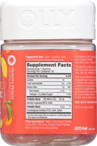 OLLY Probiotic + Prebiotic Gummy, Digestive Support and Gut Health, 500 Million CFUs, Fiber, Adult Chewable Supplement for Men and Women, Peach, 30 Day Supply - 30 Count