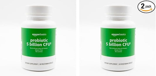 Amazon Basics Probiotic 5 Billion CFU, 8 Probiotic strains with 60 mg Prebiotic Blend, 60 Count Vegetarian Capsules, 2 Month Supply, Supports Healthy Digestion (Previously Solimo) (Pack of 2)