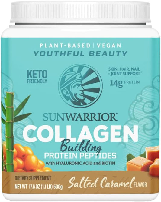 Sunwarrior Vegan Collagen Building Peptides Plant-Based Protein Powder with Hyaluronic Acid & Biotin for Hair Skin Nail Support Non-GMO Dairy Sugar Free Low Carb | Salted Caramel 20 Servings