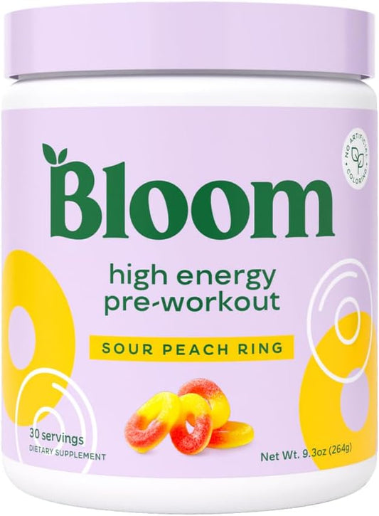 Bloom Nutrition High Energy Pre Workout Powder, Amino Energy with Beta Alanine, Ginseng & L Tyrosine, Natural Caffeine Powder from Green Tea Extract, Sugar Free & Keto Drink Mix (Sour Peach Ring)