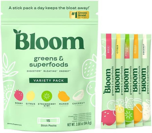 Bloom Nutrition Superfood Greens Powder Stick 15 SVG, 5 Flavor