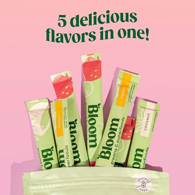 Bloom Nutrition Superfood Greens Powder Stick 15 SVG, 5 Flavor