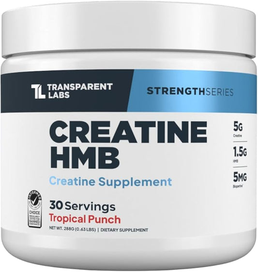 Transparent Labs Creatine HMB - Creatine Monohydrate Powder with HMB for Muscle Growth, Increased Strength, Enhanced Energy Output, and Improved Athletic Performance - 30 Servings, Tropical Punch