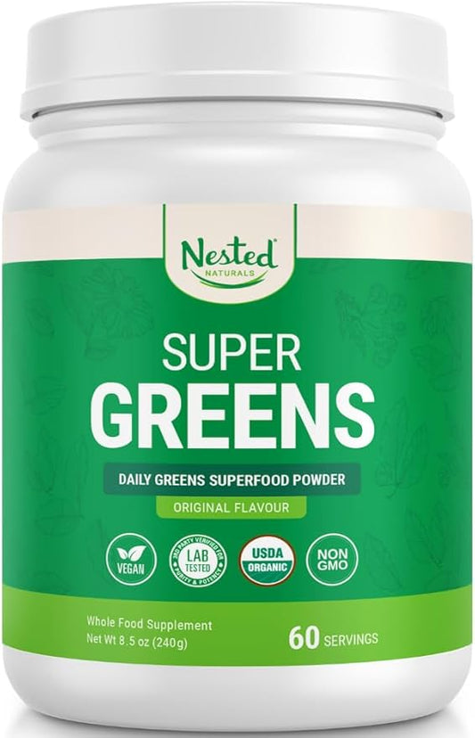Super Greens Daily Greens Superfood Powder - Certified USDA Organic Green Powder w/20+ Whole Foods, Spirulina Powder, Wheat & Barley Grass - Probiotics, Fiber & Enzymes - Original Flavour, 60 Servings