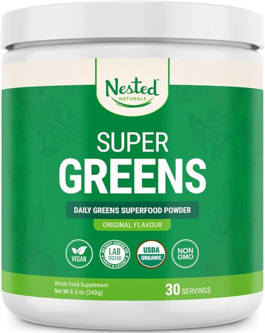 Super Greens Daily Greens Superfood Powder - Certified USDA Organic Green Powder w/20+ Whole Foods, Spirulina Powder, Wheat & Barley Grass - Probiotics, Fiber & Enzymes - Original Flavour, 30 Servings