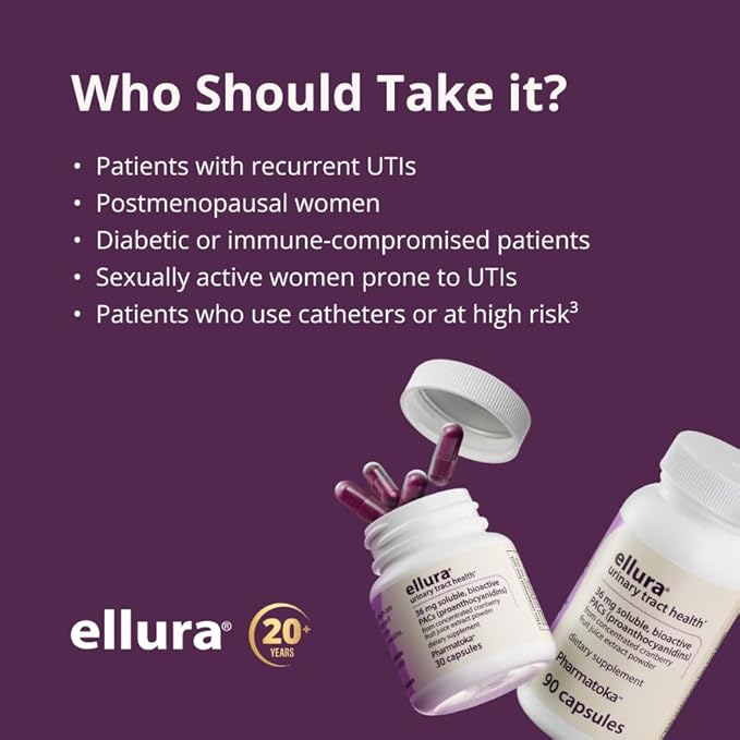 ellura 36mg Clinically Proven Soluble, Bioactive PACs – 100% Concentrated Cranberry Fruit Juice Extract, for UTI Support & Urinary Tract Health, 90 Capsules.