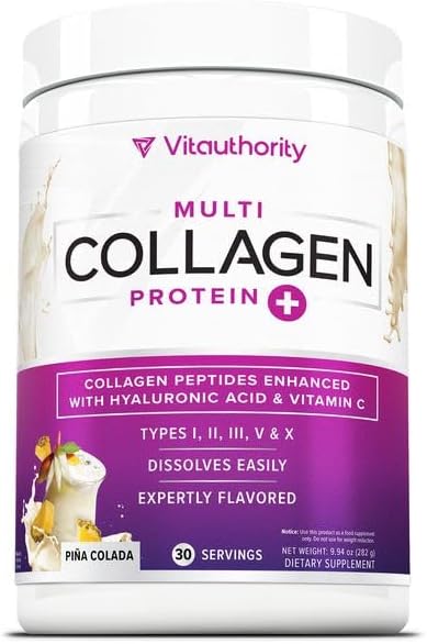 Multi Collagen Peptides Powder for Women and Men - Instant Dissolving Grass Fed Hydrolyzed Collagen Powder Drink Mix for Beautiful Hair Skin and Nails with Hyaluronic Acid and Vitamin C