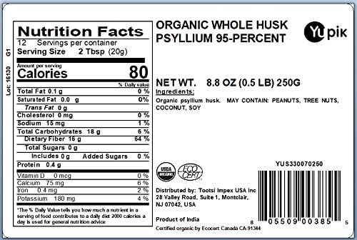 Yupik Organic Psyllium Husk Powder 8.8 Oz, (Pack of 6), 95% Purity, USDA Certified, Non-GMO, Vegan, Gluten-Free, Unflavored, Plant-Based, Coarse Milled Husk, Excellent Source of Fiber for Baking